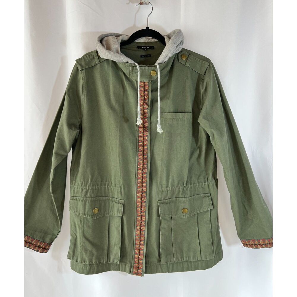Miss Me Green Military Utility Hoodie Drawstring Jacket Fall Sz S Embroidered